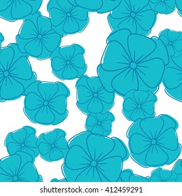 Vector image of seamless pattern of blue petunias on a white background. Blue flowers with a dark blue stroke. Vector seamless pattern.