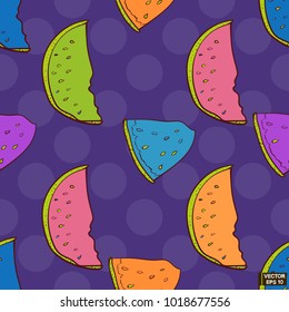 Vector image. Seamless pattern with bright blue and pink slices of watermelon. Crazy watermelon pink and orange colored on a blue background