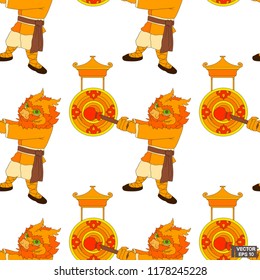 Vector image. Seamless pattern. Cartoon Chinese dragon in kimono beats in gong.
