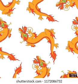 Vector image. Seamless pattern with Chinese red dragon on white background.