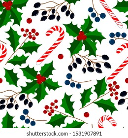 Vector image, seamless pattern. Christmas background, sweets, candies, berries, New Year. Patern for wrapping paper and clothes, Christmas style.