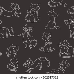 Vector image of seamless pattern of cute black cats with white stroke, with different actions and emotions on a black background. Vector seamless pattern. Made in monochrome style. Positive character.
