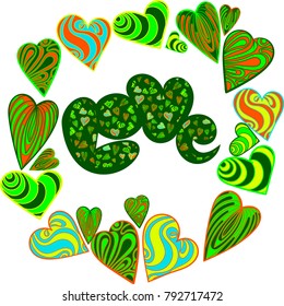 Vector image and seamless pattern for design 14 February, Multi-colored hearts with inscriptions for girl and guy, on a transparent background