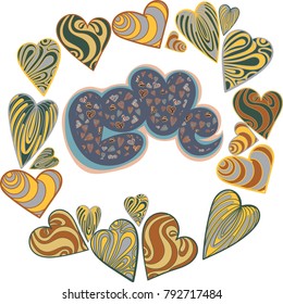 Vector image and seamless pattern for design 14 February, Multi-colored hearts with inscriptions for girl and guy, on a transparent background