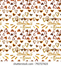 Vector image and seamless pattern for design 14 February, Multi-colored hearts with inscriptions for girl and guy, on a transparent background