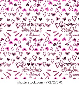Vector image and seamless pattern for design 14 February, Multi-colored hearts with inscriptions for girl and guy, on a transparent background