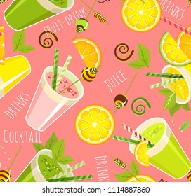 Vector image of a seamless pattern of detox cocktail for a healthy lifestyle in a glass with a straw