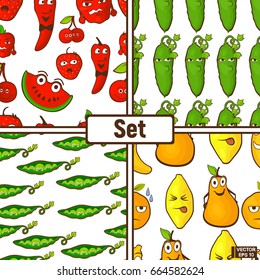Vector image. Seamless pattern emoticons food set . Emoji fruits and vegetables flat cartoon style.