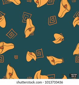 Vector image. Seamless pattern with flowers callas on a blue background