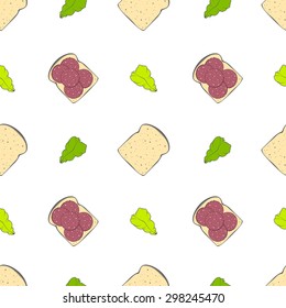 Vector image of a seamless pattern with the image of fried toast, lettuce and sausage sandwich. 
