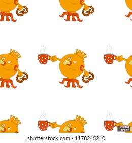 Vector image. Seamless pattern. Funny cartoon character samovar drinks tea and eats a pretzel.