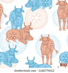 Vector image. Seamless pattern with Indian motifs. Sacred cows on a background of floral patterns and ornaments.