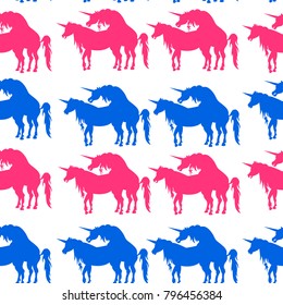 The Vector image and seamless pattern "Love of the Unicorns", for design on February 14 and not only, Psychedelic funny pictures for men and women