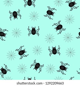 Vector image seamless pattern of many spiders and web on blue background