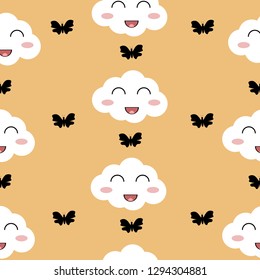 Vector image seamless pattern of many clouds with black butterfly on orange background