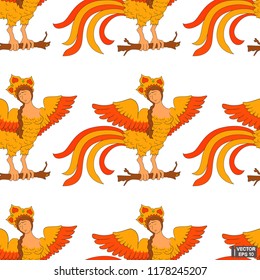 Vector image. Seamless pattern with a mythical woman syrin bird. The Gamayun bird.