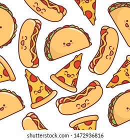 
Vector image, seamless pattern. Print tacos, hot dog, a slice of pizza. Fast food, unhealthy, junk, greasy food. Shameless image for fabric or textile, poster, banner, for snack bar. Kawaii food.