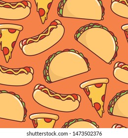 Vector image, seamless pattern. Print tacos, hot dog, a slice of pizza, tortilla. Fast food, unhealthy, junk, greasy food. Shameless image for fabric or textile, poster, banner, for snack bar or cafe.