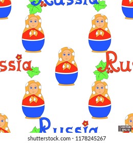 Vector image. Seamless pattern Russian matrioshka and inscription Russia on a white background.