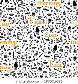 Vector image of a seamless pattern in the style of a doodle, which depicts the words tea, cup, and various objects, such as candy, lemon, cupcake, teapot, spoon