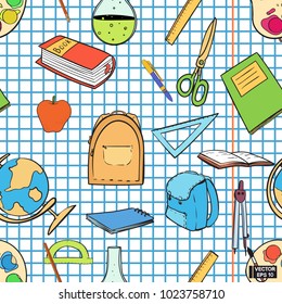 Vector image. Seamless pattern with textbooks and portfolios. Hand-drawn school supplies on a background of a sheet in a cage.