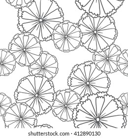 Vector image of seamless pattern of white anemones on a white background. White flowers with a black stroke. Made in monochrome style. Vector seamless pattern.