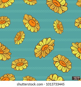 Vector image. Seamless pattern of yellow daisies flowers on a blue background.