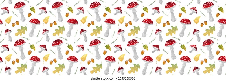Vector image. Seamless patterns. Autumn illustration with amanita and acorns and leaves.