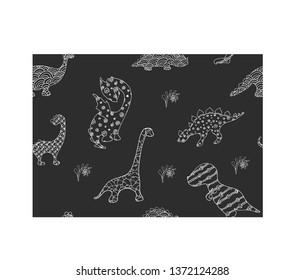 Vector image. Seamless repetitive pattern. Cute funny dinosaurs in children's style. Sketch. Hand illustration. Isolated objects. Perfect background for textiles, Wallpapers and any printing industry.