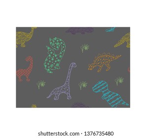 Vector image. Seamless repetitive pattern. Cute funny dinosaurs in children's style. Sketch. Hand illustration. Isolated objects. Perfect background for textiles, Wallpapers and any printing industry.