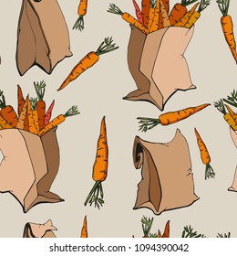 Vector image. Seamless texture with carrot and paper shopping bag.