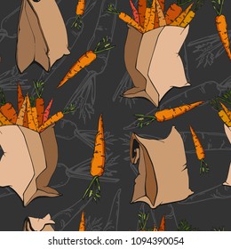 Vector image. Seamless texture with carrot and paper shopping bag on a dark gray background