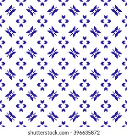 Vector Image. Seamless texture. Pixel graphics. Blue butterfly, red flowers, green leaves. For design, textiles, presentations