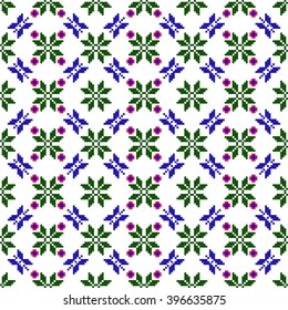 Vector Image. Seamless texture. Pixel graphics. Blue butterfly, red flowers, green leaves. For design, textiles, presentations