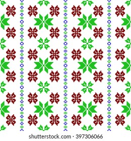 Vector Image. Seamless texture. Pixel graphics. Simple leaves, butterfly, flower. For design, textiles, presentations