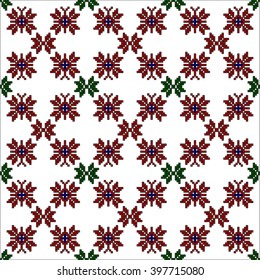 Vector Image. Seamless texture. Pixel graphics. Simple leaves, butterfly, flower. For design, textiles, presentations. Red, green color