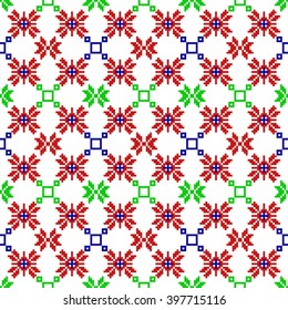 Vector Image. Seamless texture. Pixel graphics. Simple leaves, butterfly, flower. . Red, green color