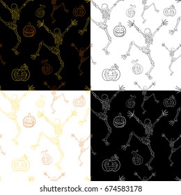 Vector image. Seamless wallpaper for Halloween. Funny dancing skeletons and pumpkins on a black and white background