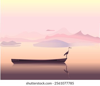 Vector image of seascape with boat and bird