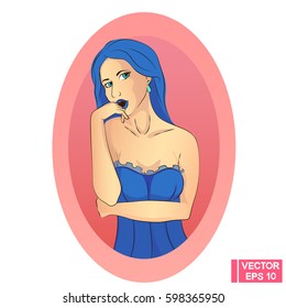 Vector image. Seductive girl in blue. Beautiful sexy woman in a corset.