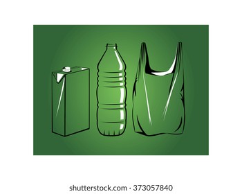 Vector image of see-through plastic carton, bottle and bag on a green gradient background