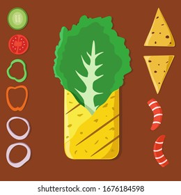 Vector image of a separately vegetarian tortilla with shrimp and vegetables.