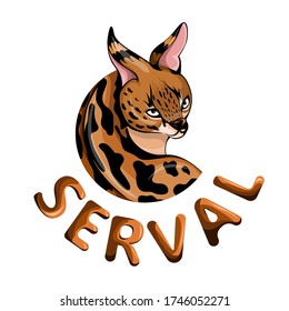 Vector image of a serval inscribed in a circle in the form of an emblem on a white background with the inscription