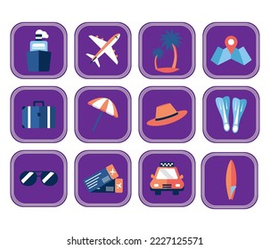 vector image set of 12 beach vacation images with white background