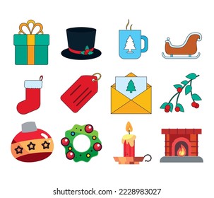 vector image set of 12 christmas icons with white background