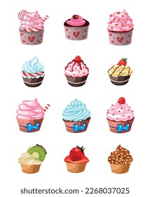 vector image set of 12 cupcake with white background