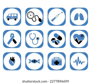 vector image set of 12 health icons with blue background and blue border