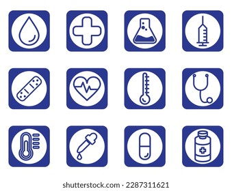 vector image set of 12 health icons with blue background and blue border