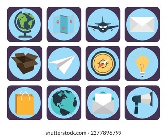 vector image set of 12 travel icons with blue background and brown border