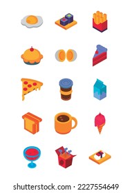 Vektorgrafik-Set von 15 Lebensmittelsymbonen mit weißem Hintergrund